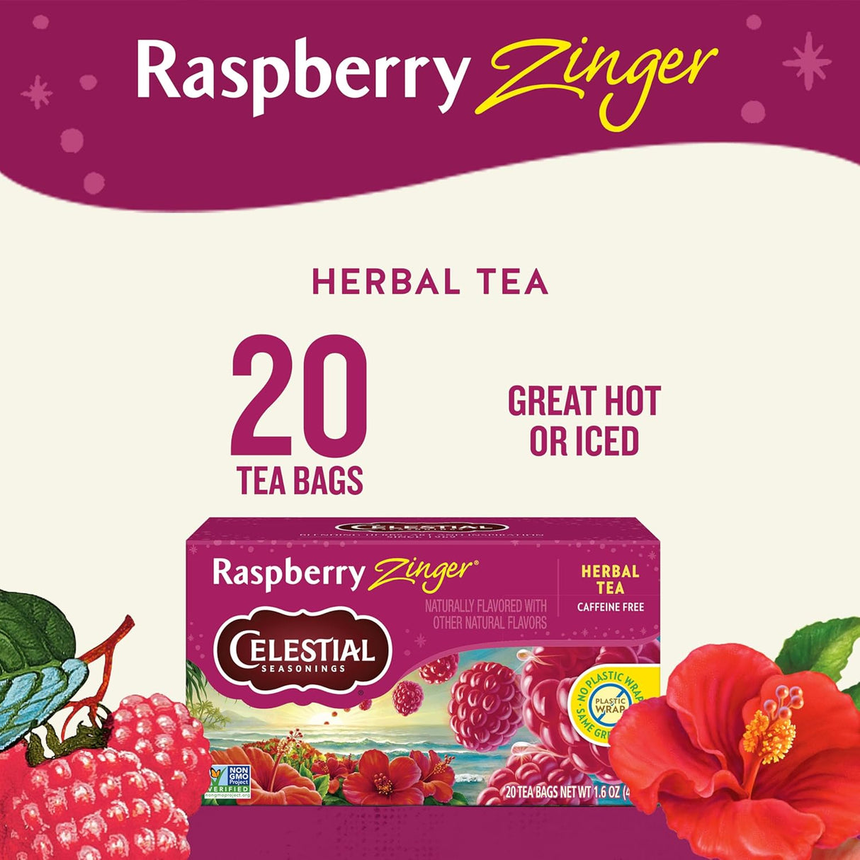 Celestial Seasonings Raspberry Zinger Herbal Tea 20 Tea Bags