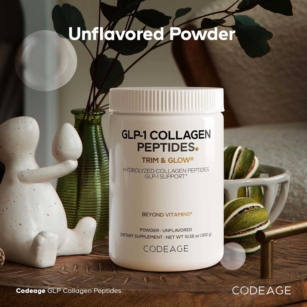 Codeage GLP-1 Collagen Peptides – Trim & Glow Unflavored Powder 300g
