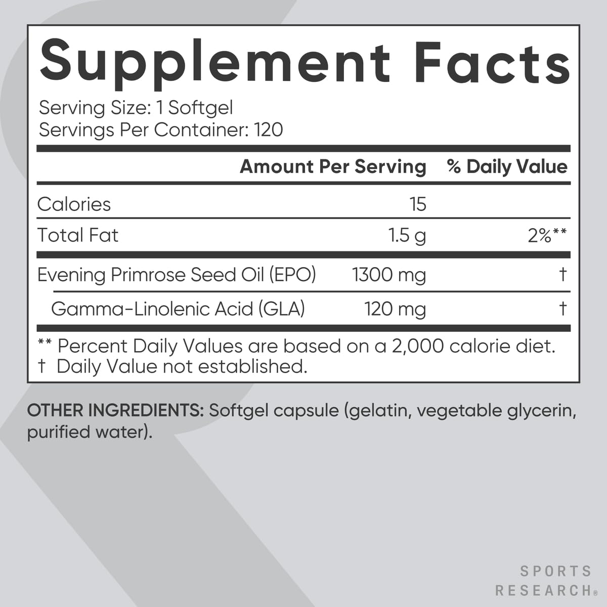 Sports Research Evening Primrose Unflavored 1300mg 120 Softgels