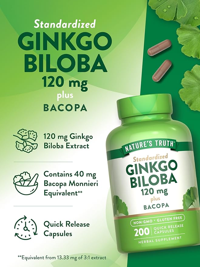 Nature’s Truth Ginkgo Biloba + Bacopa – 200 Quick Release Capsules