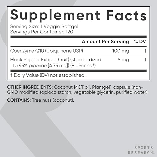 Sports Research CoQ10 with Bioperine & Coconut 100mg 120 Softgels