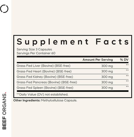 Grass Fed Beef Organs Supplement 180 Capsules