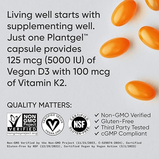 Sports Research Vegan D3 5000IU + Vitamin K2 60 Veg Softgels